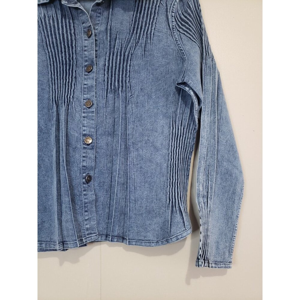 Y2K Vtg Flair Women M Denim Shirt Button Up Pleated Blue Chambray Artsy Stretch - Picture 3 of 5